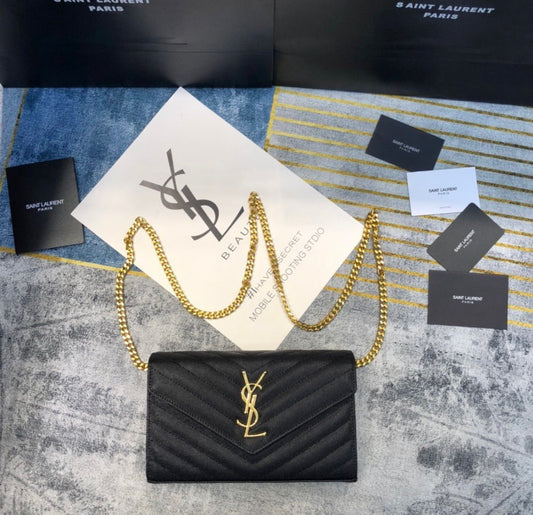 Authentic YSL CLASSIC CASSANDRE CHAIN WALLET IN GRAIN DE POUDRE LEATHER