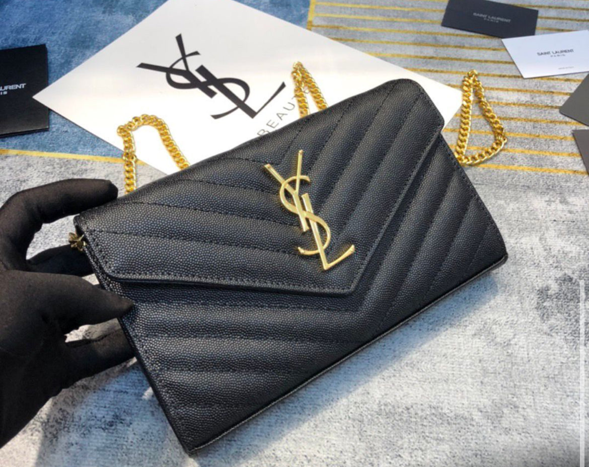 Authentic Yves Saint Laurent CLASSIC CASSANDRE CHAIN WALLET IN GRAIN DE POUDRE LEATHER