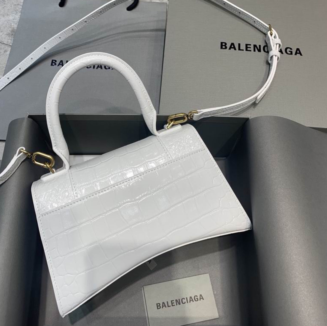 Authentic Balenciaga Hourglass Handbag S (Crocodile Embossed Calfskin)