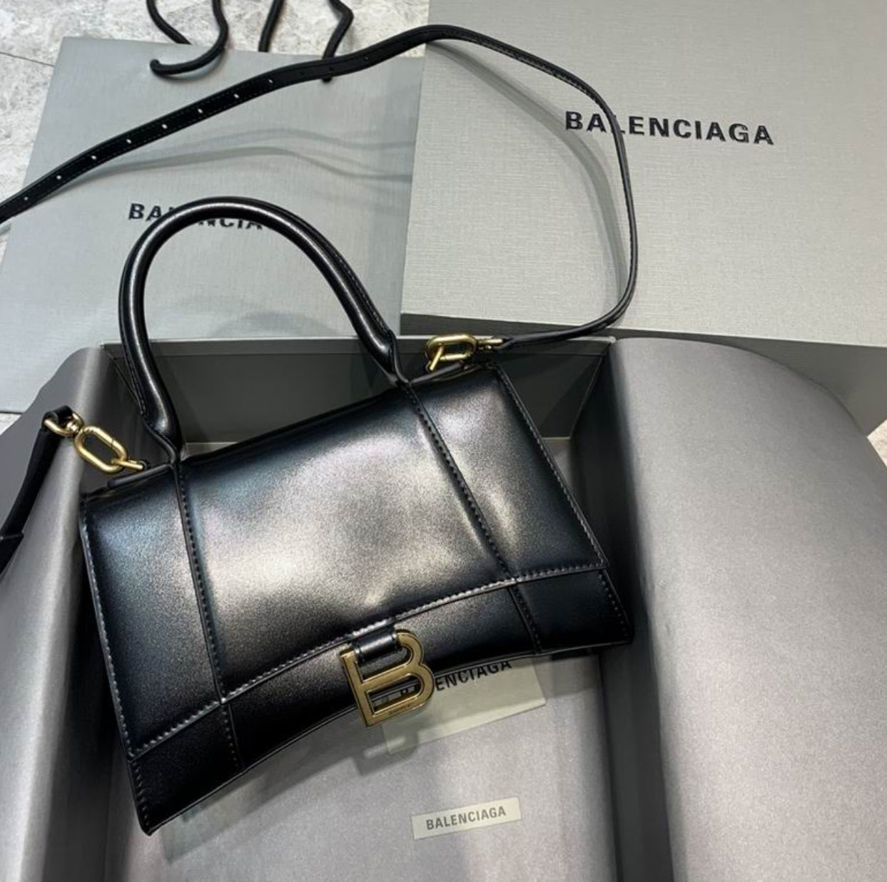 Authentic Balenciaga Hourglass Handbag S (Shiny Box Calfskin)