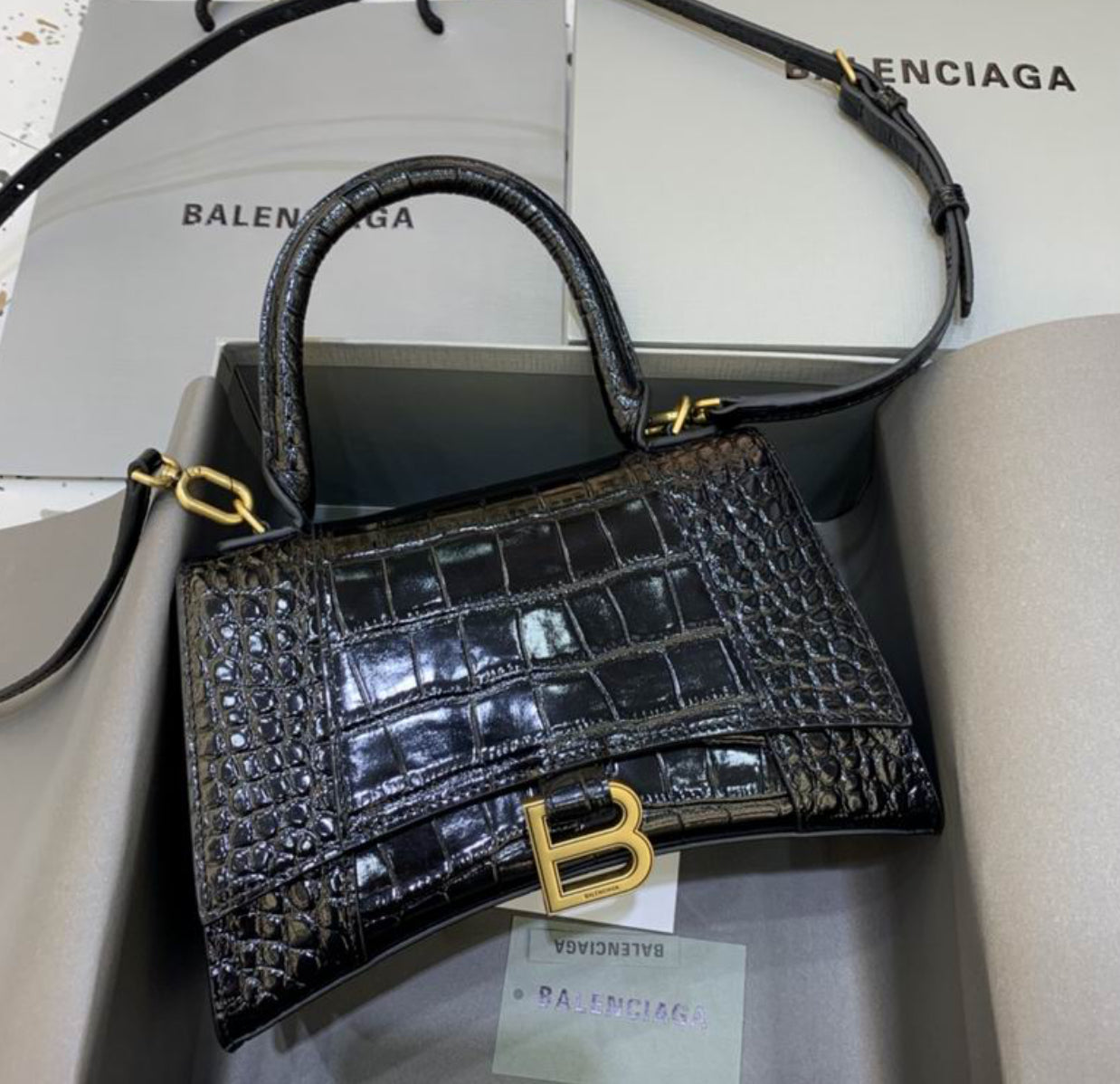 Authentic Balenciaga Hourglass Handbag S (Crocodile Embossed Calfskin)