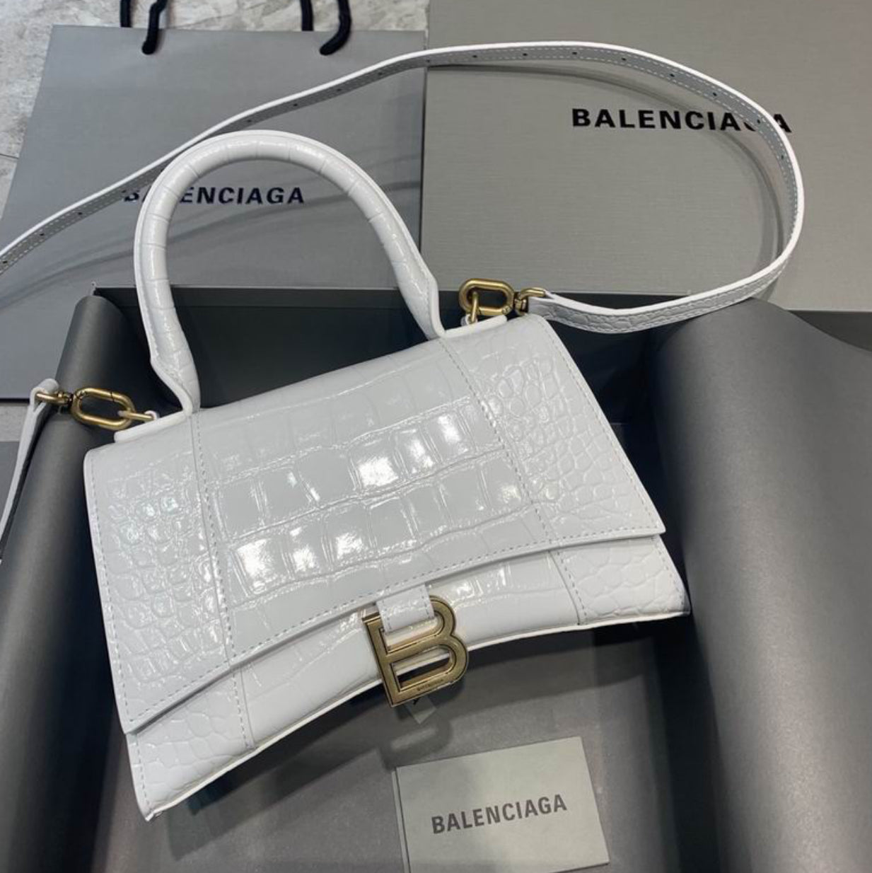 Authentic Balenciaga Hourglass Handbag S (Crocodile Embossed Calfskin)