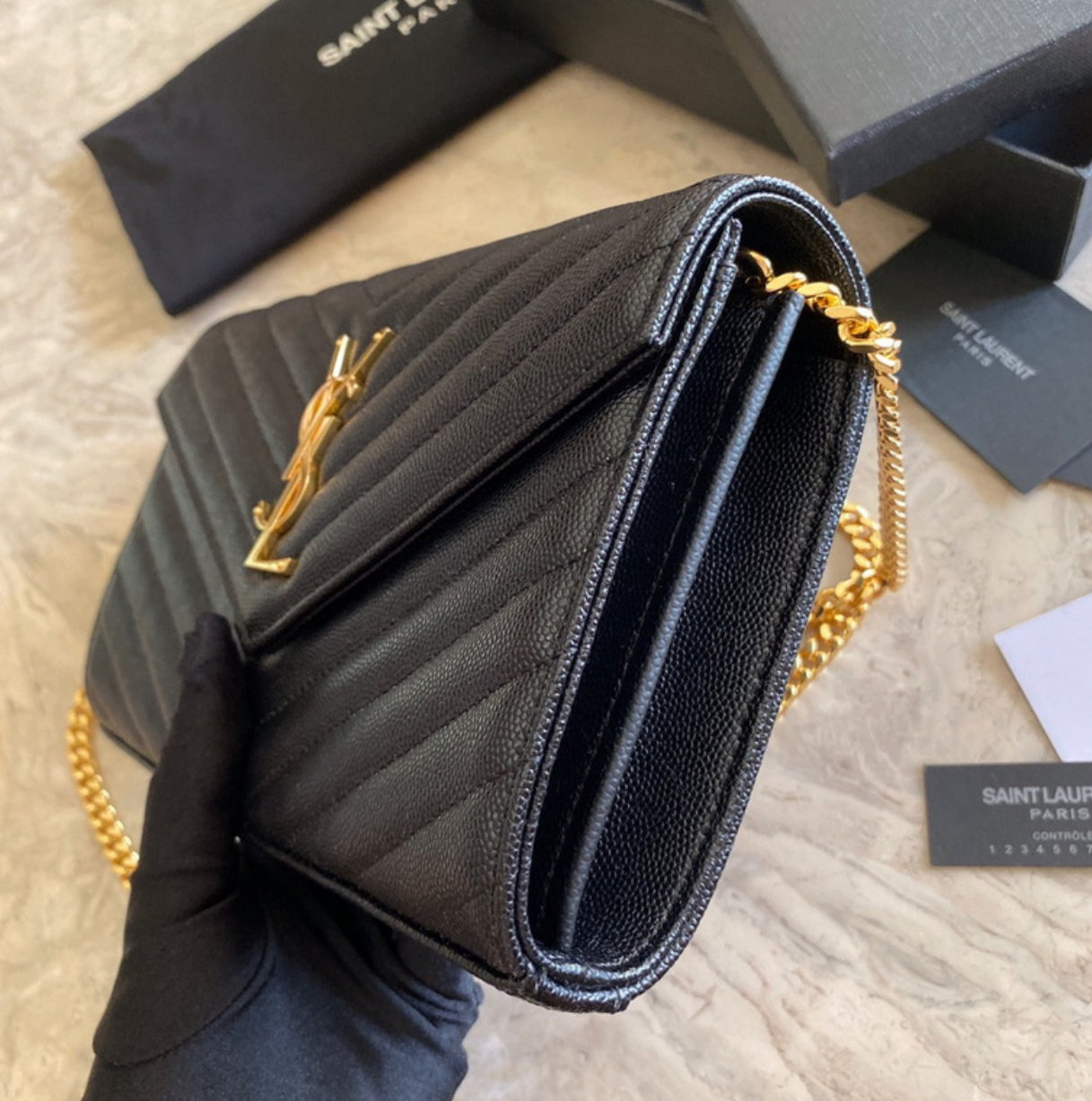 Authentic Yves Saint Laurent CASSANDRE CHAIN WALLET IN LAMBSKIN