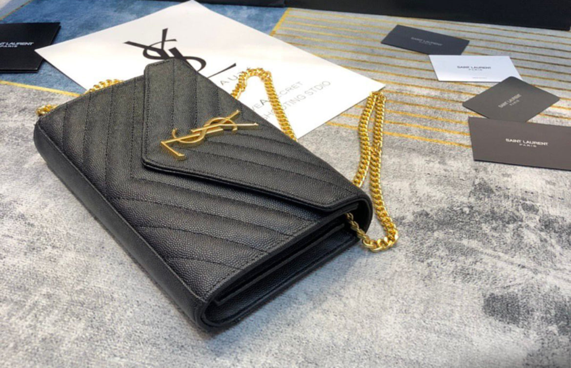 Authentic Yves Saint Laurent CLASSIC CASSANDRE CHAIN WALLET IN GRAIN DE POUDRE LEATHER